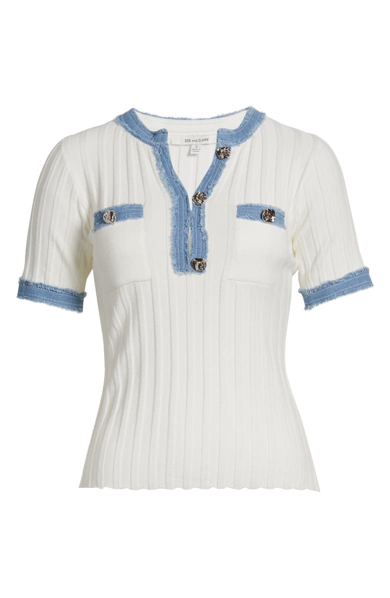 ZOE AND CLAIRE Denim Trim Short Sleeve Sweater, Alternate, color, Ivory