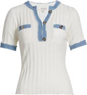 ZOE AND CLAIRE Denim Trim Short Sleeve Sweater