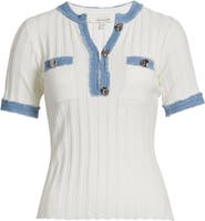 ZOE AND CLAIRE Denim Trim Short Sleeve Sweater