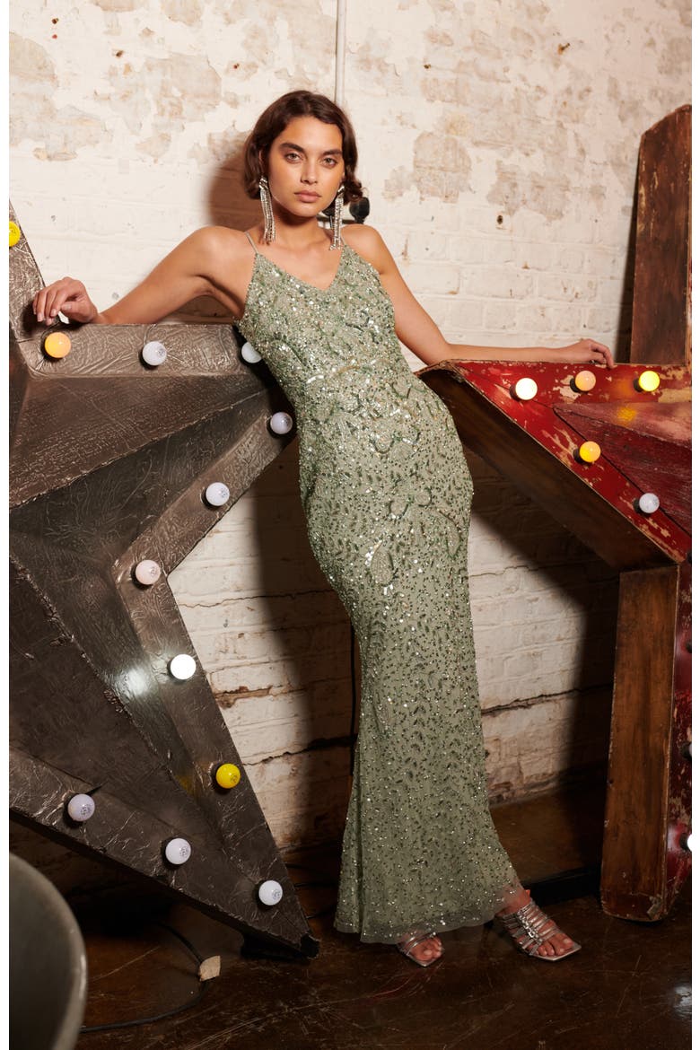 Occasion Embellished Sequin Beaded V Neck Evening Dress, Alternate, color, SAGE GREEN