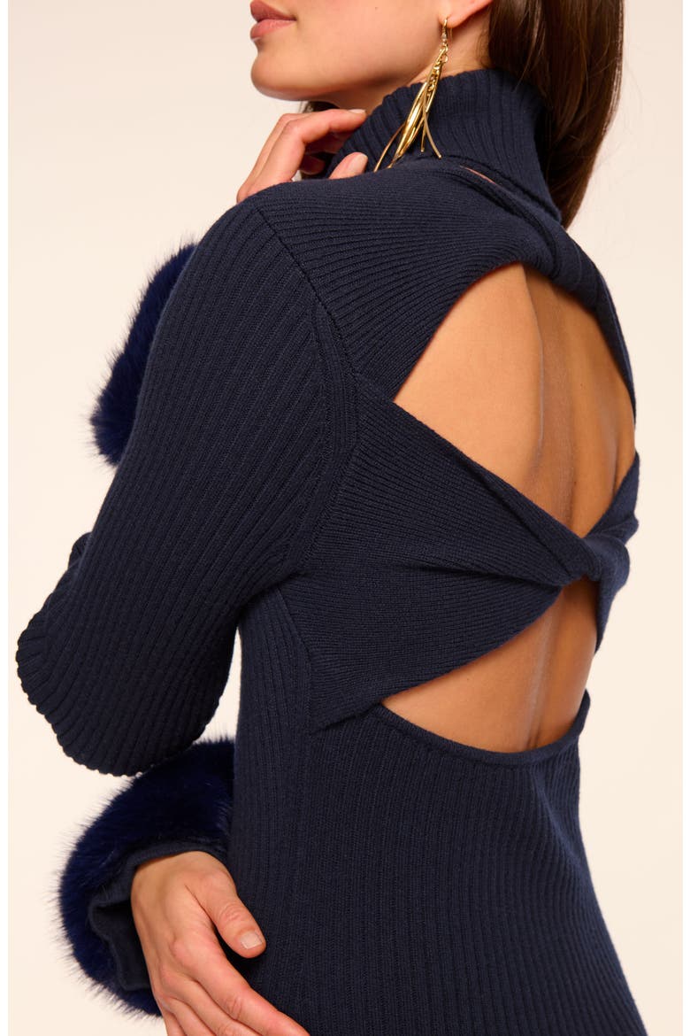 Linda Faux Fur Trim Long Sleeve Open Back Wool & Cotton Blend Rib Dress, Alternate, color, NAVY