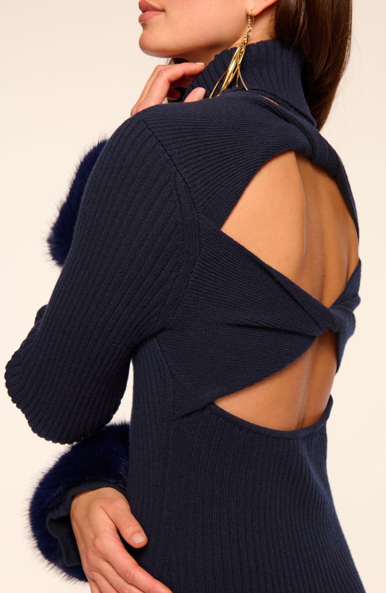 Ramy Brook Linda Faux Fur Trim Long Sleeve Open Back Wool & Cotton Blend Rib Dress, Alternate, color, Navy