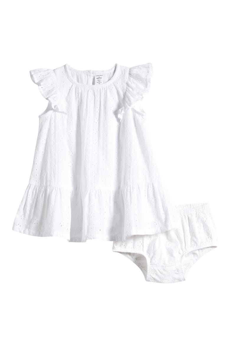 Eyelet Flutter Sleeve Cotton Dress & Bloomers, Main, color, WHITE