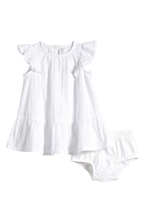 Eyelet Flutter Sleeve Cotton Dress & Bloomers