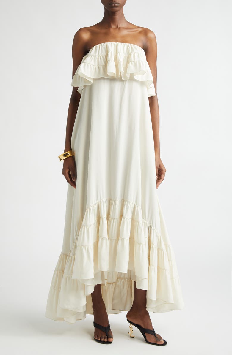 Saint Laurent Ruffled Strapless Silk Dress, Main, color, Craie