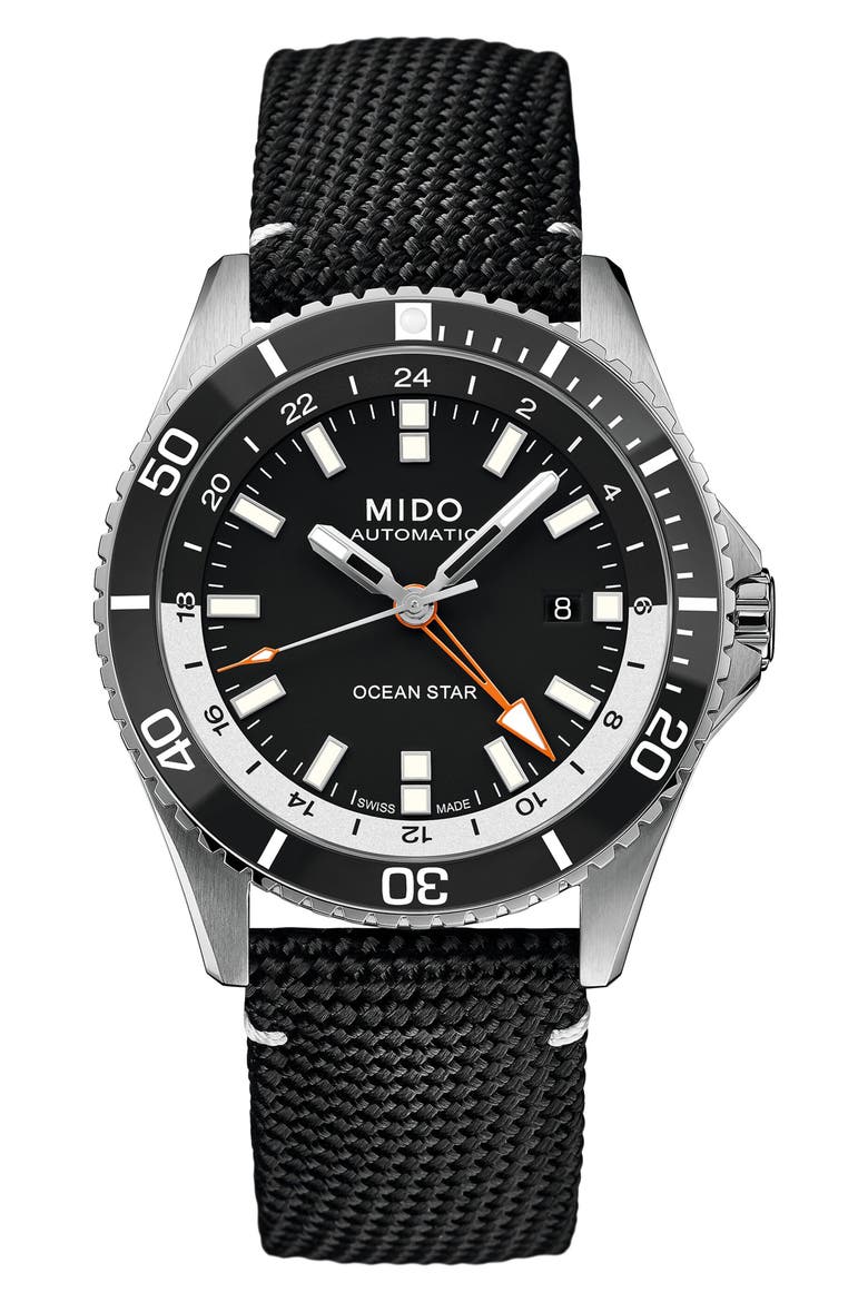 Ocean Star GMT Automatic Webbing Strap Watch, 44mm, Main, color, BLACK