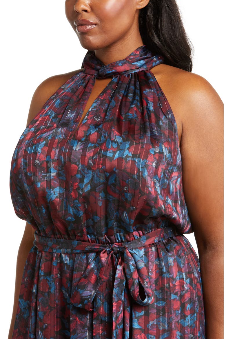 Floral Twist Neck Keyhole Midi Dress, Alternate, color, TITIAN RED / JUNIPER MULTI
