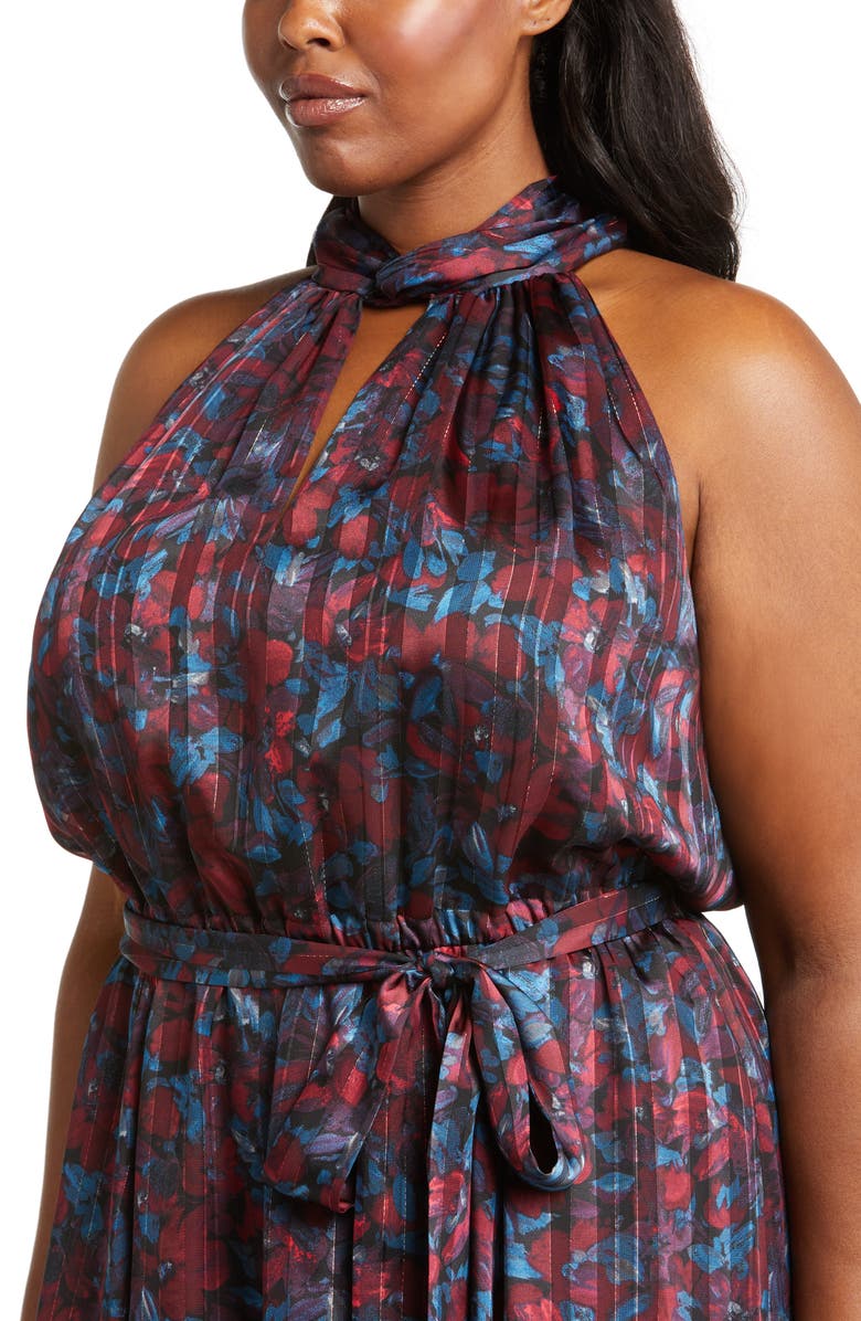 Anne Klein Floral Twist Neck Keyhole Midi Dress, Alternate, color, Titian Red / Juniper Multi