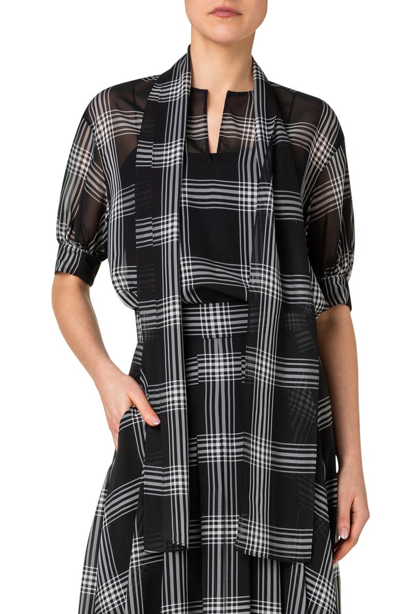 Akris Check Split Silk Organza Blouse & Scarf, Main, color, 