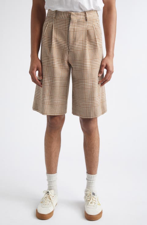 Pleated Glen Plaid Virgin Wool Twill Shorts