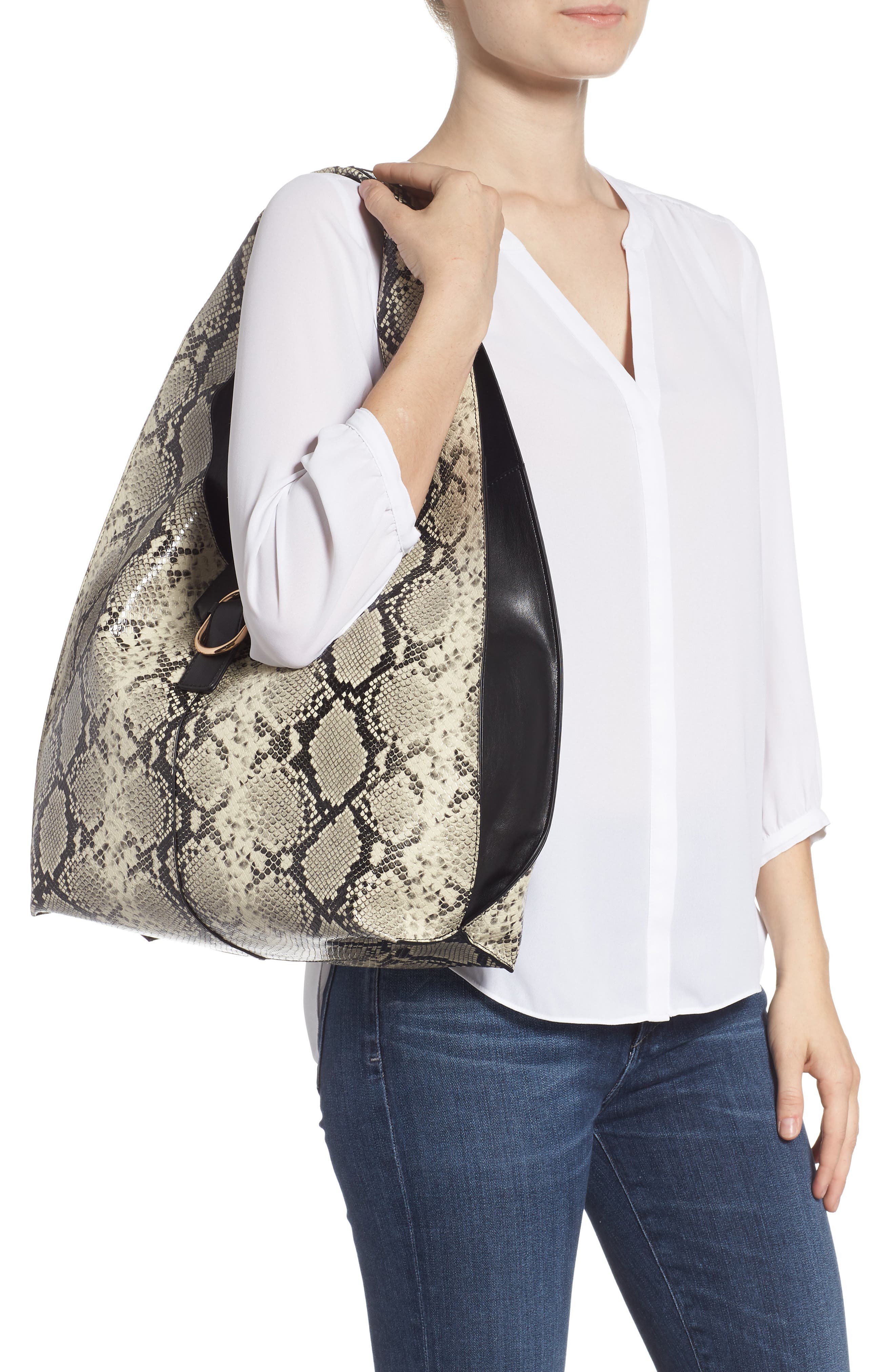 Topshop Haya Faux Snakeskin Hobo Bag, Alternate, color, 
