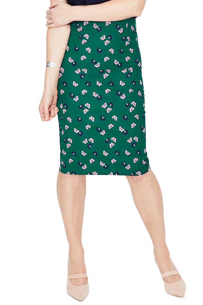 Richmond Stretch Cotton Pencil Skirt, Main, color, WOODLAND GREEN DAISY CLOUD