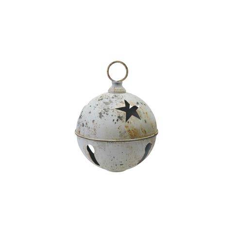 Metal Bell Ornament with Star Cut-Outs in Distressed Finish, White