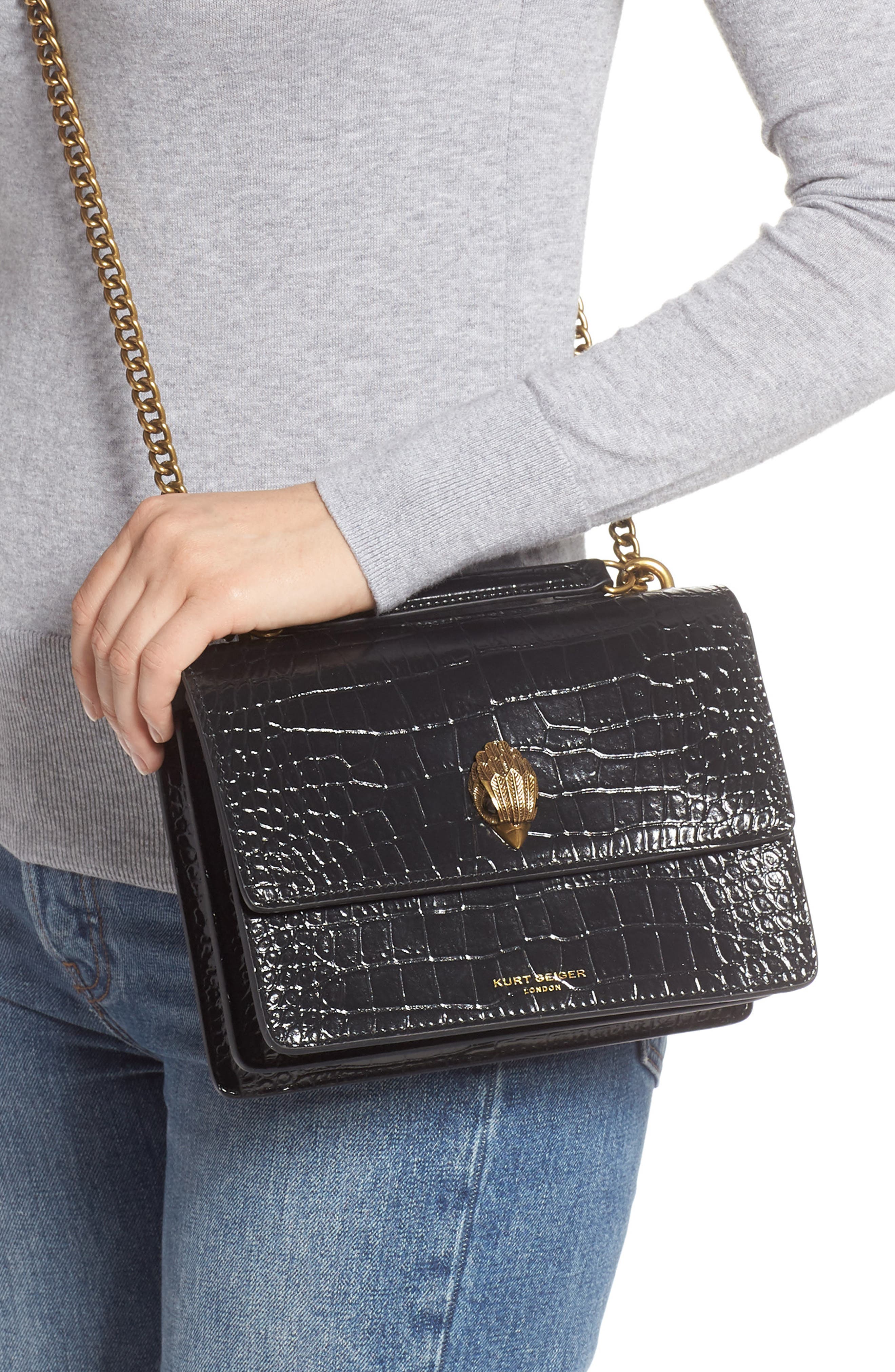 Kurt Geiger London Shoreditch Crocodile Embossed Leather Crossbody Bag, Alternate, color, Black