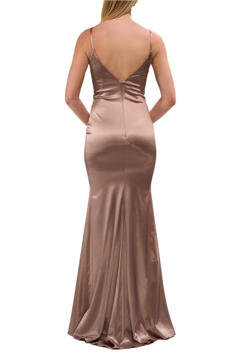 Chic Long Stretch Satin Gown with V Neck and Back, Alternate, color, Nude