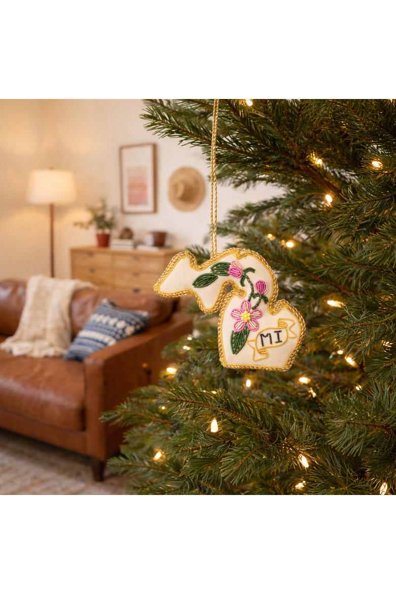 Michigan State Apple Blossom Beaded Fabric Ornament - Embroidered, Alternate, color, Cream