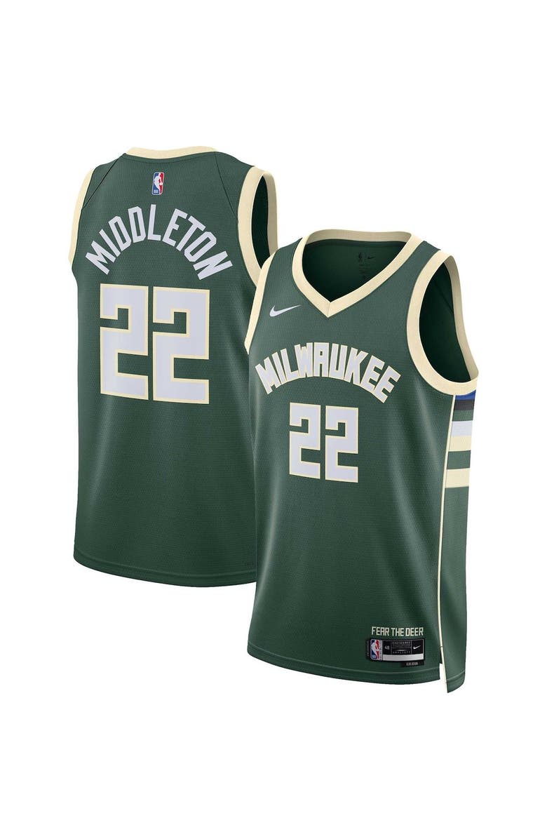 Nike Unisex Nike Khris Middleton Hunter Green Milwaukee Bucks Swingman Jersey - Icon Edition, Main, color, 