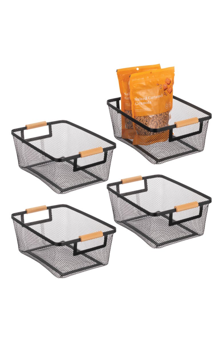 mDesign Metal Wire Pantry Basket with Wood Handles - Set of 4 - Black/Natural, Alternate, color, Black/Natural