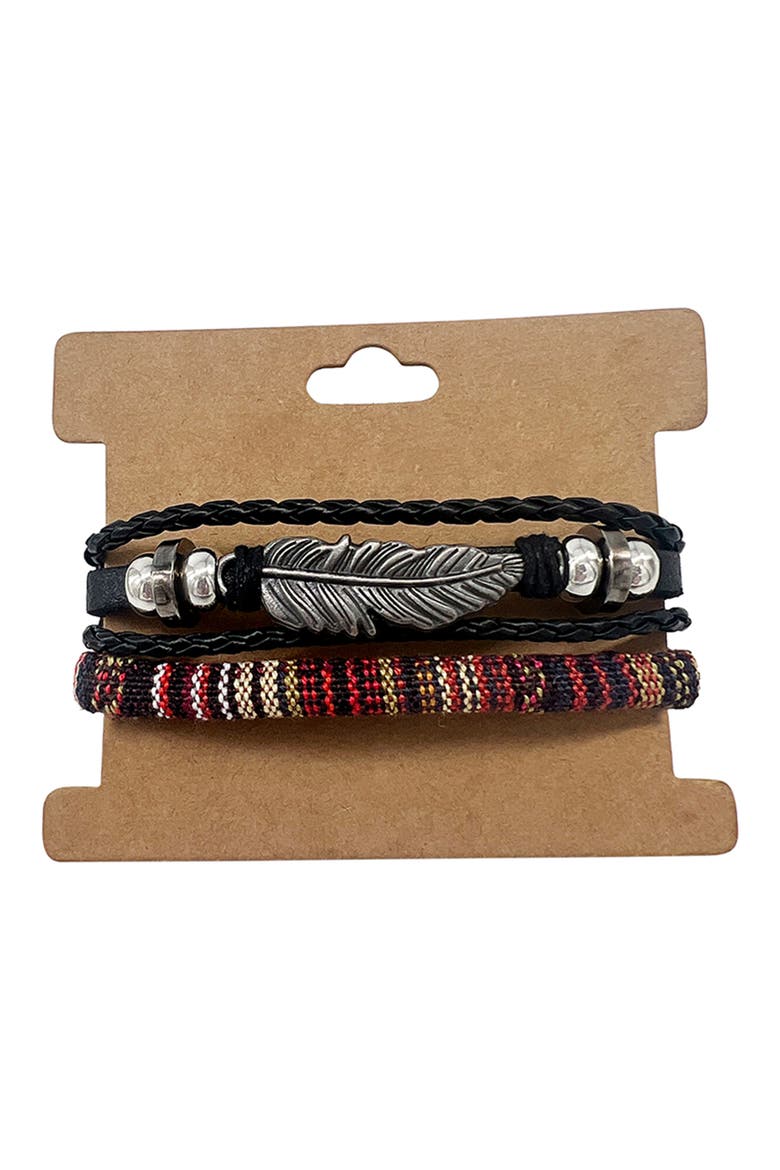 Men's Set of 2 Black Leather & Woven Slider Bracelets, Main, color, BLACK