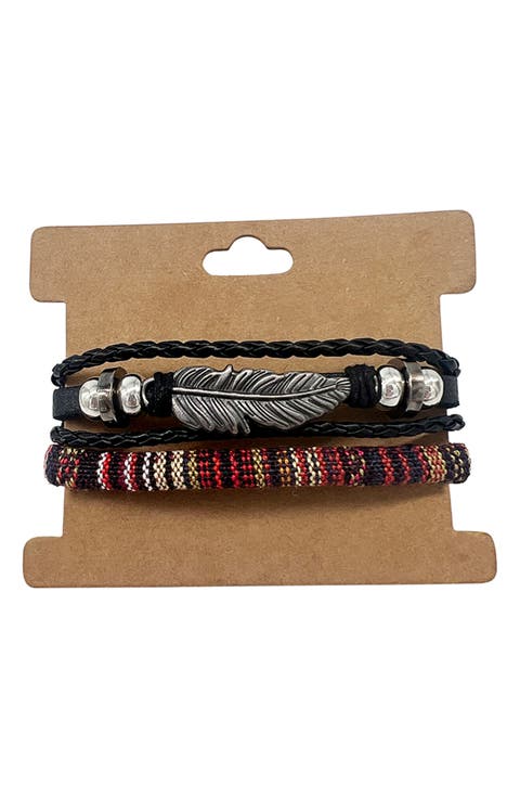 Men's Set of 2 Black Leather & Woven Slider Bracelets