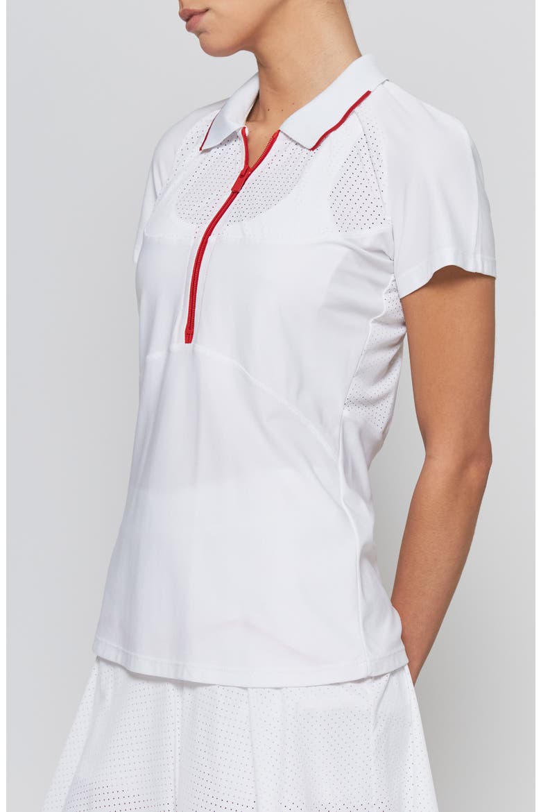 MESH ZIP PERFORMANCE POLO, Alternate, color, WHITE WITH RED TRIM