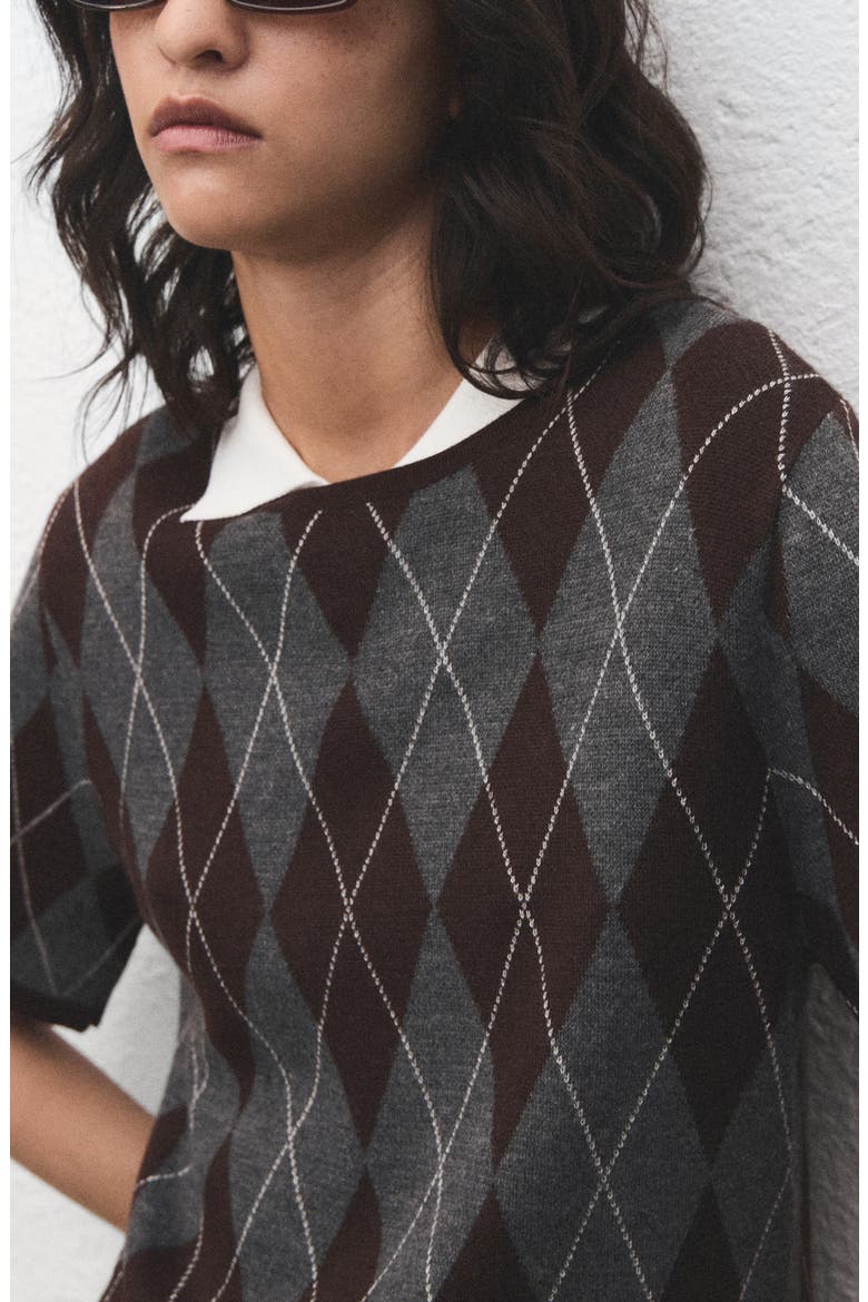Rombus Argyle Plaid Short Sleeve Sweater, Alternate, color, GREY