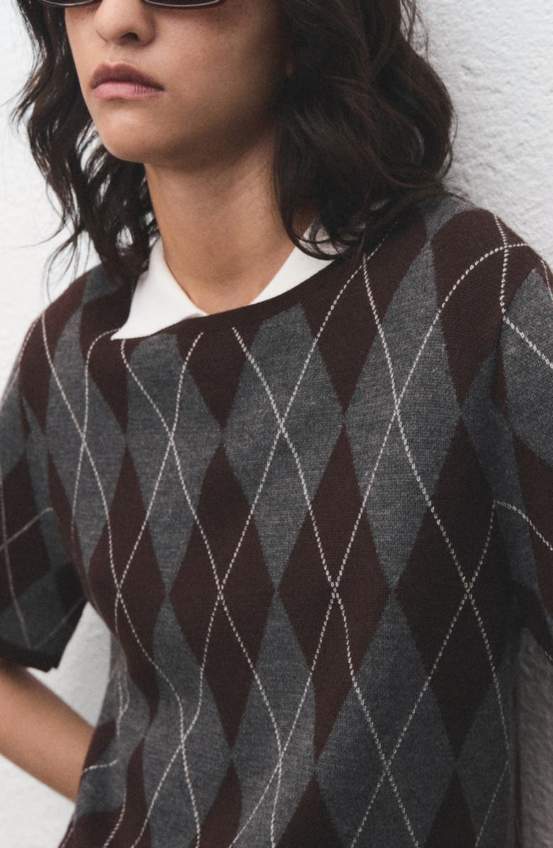 MANGO Rombus Argyle Plaid Short Sleeve Sweater, Alternate, color, Grey