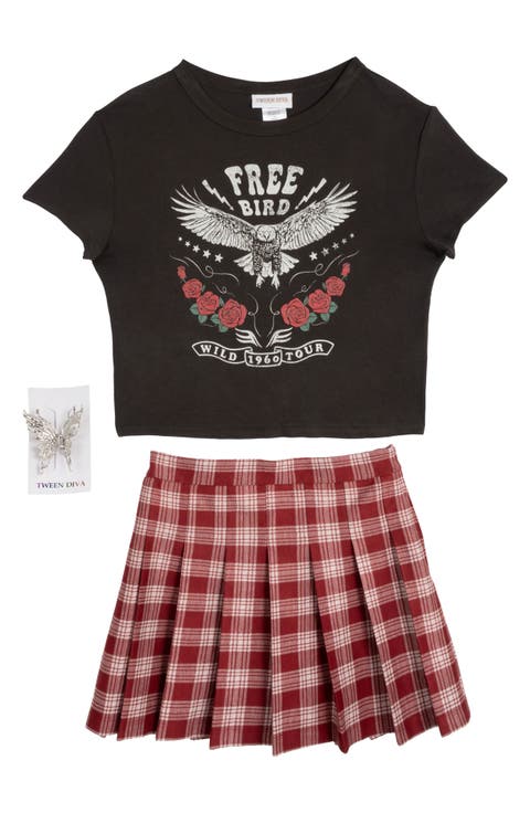 Kids' Graphic T-Shirt, Plaid Skirt & Butterfly Clip Set (Big Kid)