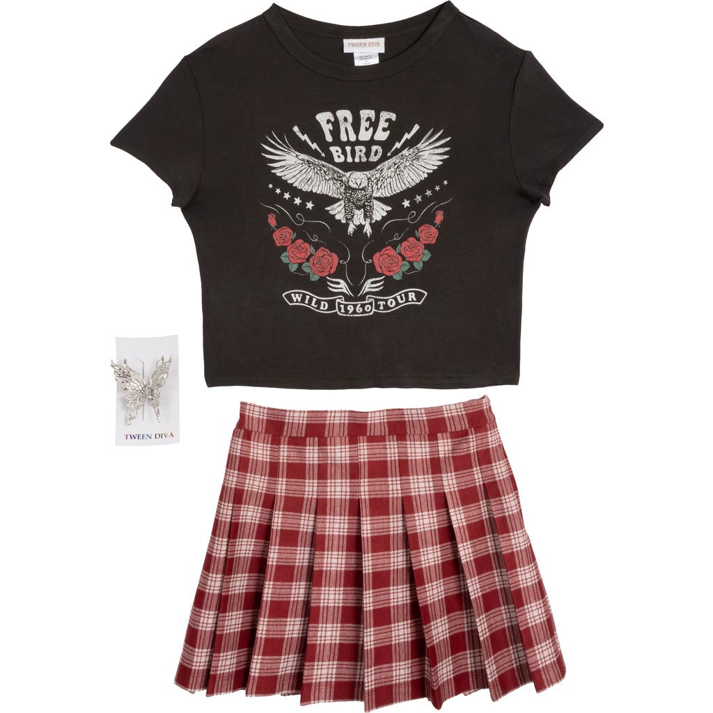 Rare Editions Kids' Graphic T-shirt, Plaid Skirt & Butterfly Clip Set In Black
