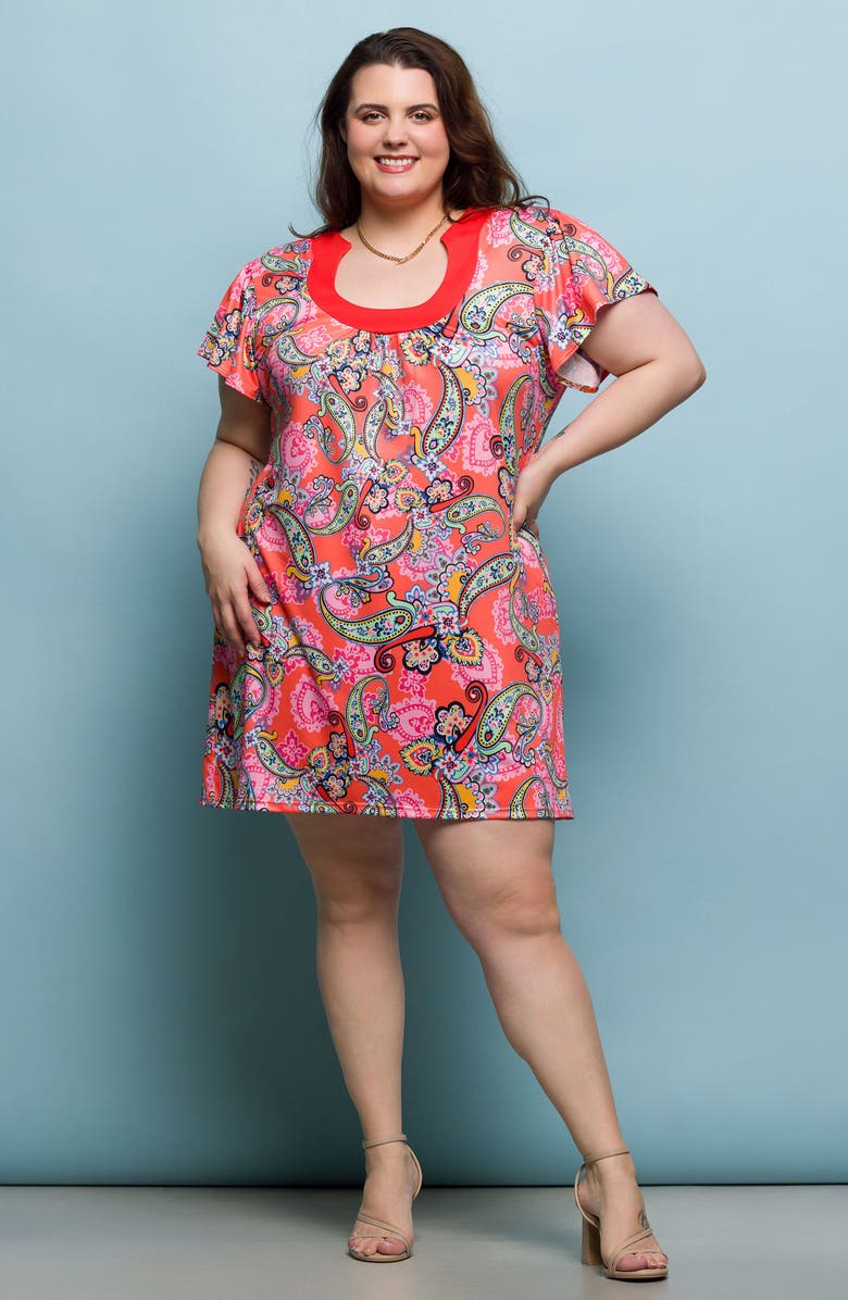 24seven Comfort Apparel Paisley Flutter Sleeve Minidress, Alternate, color, Pink Multi