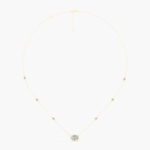 Bezel Oval and Diamond Chain Necklace in 14K