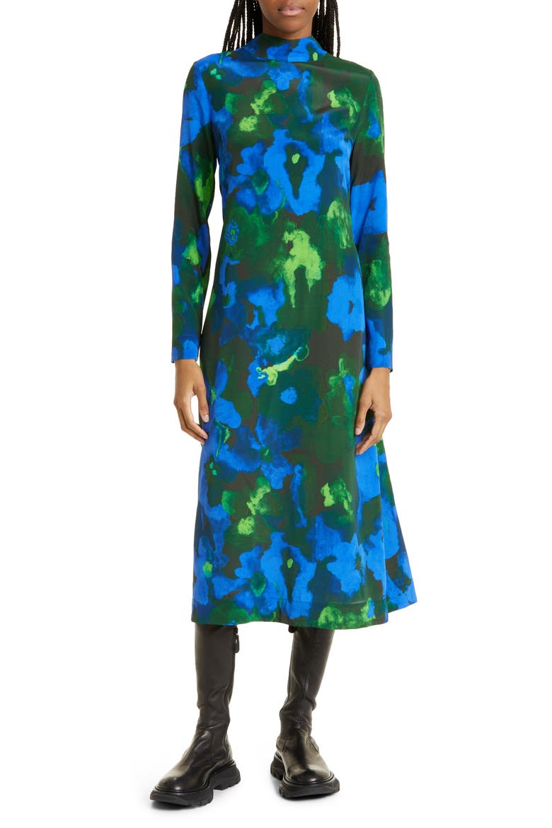 Millie Floral Long Sleeve Silk Blend Dress, Main, color, FROSTED FLORAL NIGHT