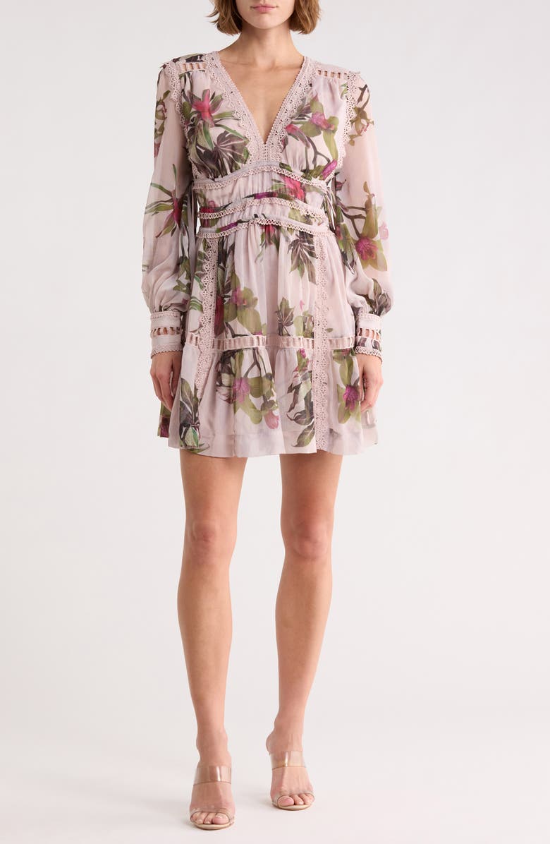 AllSaints Xanthe Floral Long Sleeve Minidress, Main, color, Adena Soft Pink