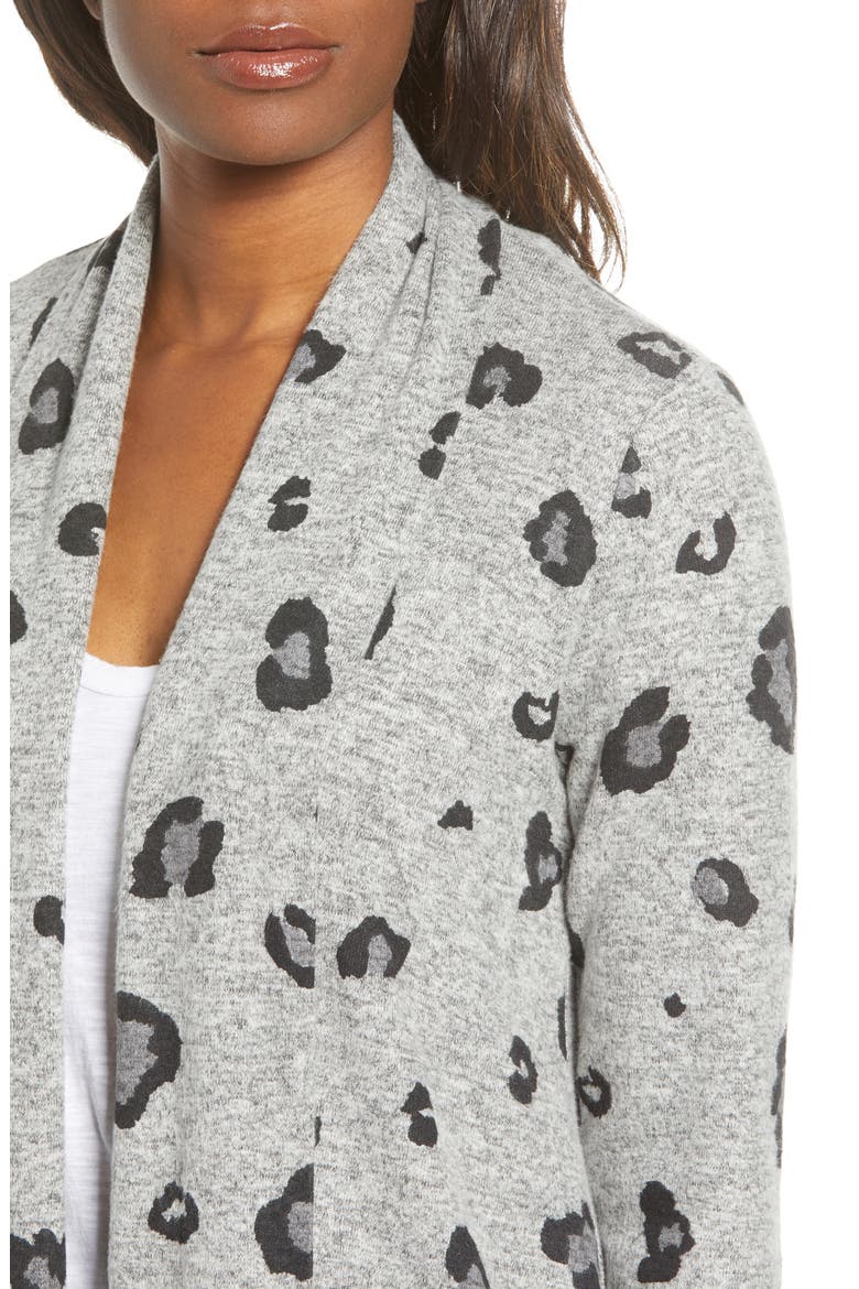 Gibson Open Front Fleece Cardigan, Alternate, color, GREY LEOPARD