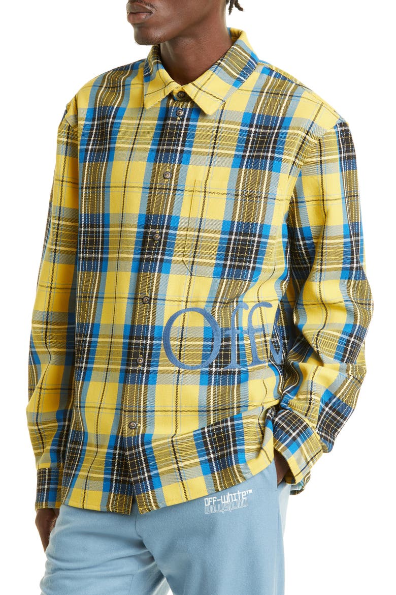 Embroidered Logo Check Virgin Wool Button-Up Shirt, Alternate, color, YELLOW/ BLUE