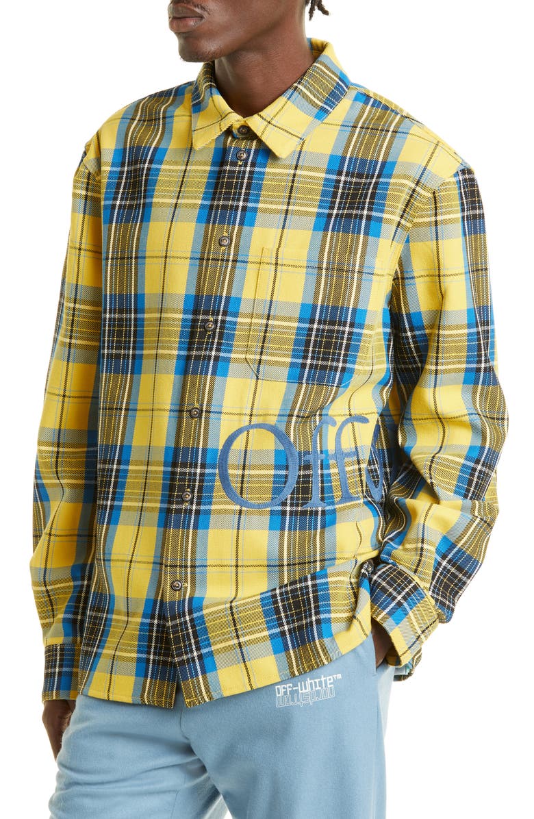 Off-White Embroidered Logo Check Virgin Wool Button-Up Shirt, Alternate, color, 