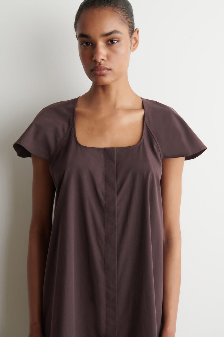 Fluted-sleeve Cotton Mini Dress, Alternate, color, DARK BROWN