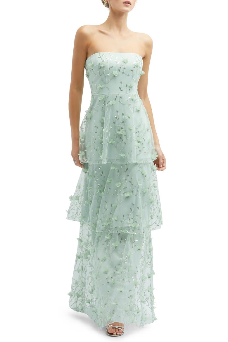 Sequin Embroidered Strapless Tiered Gown, Main, color, CELADON