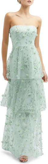 Sequin Embroidered Strapless Tiered Gown