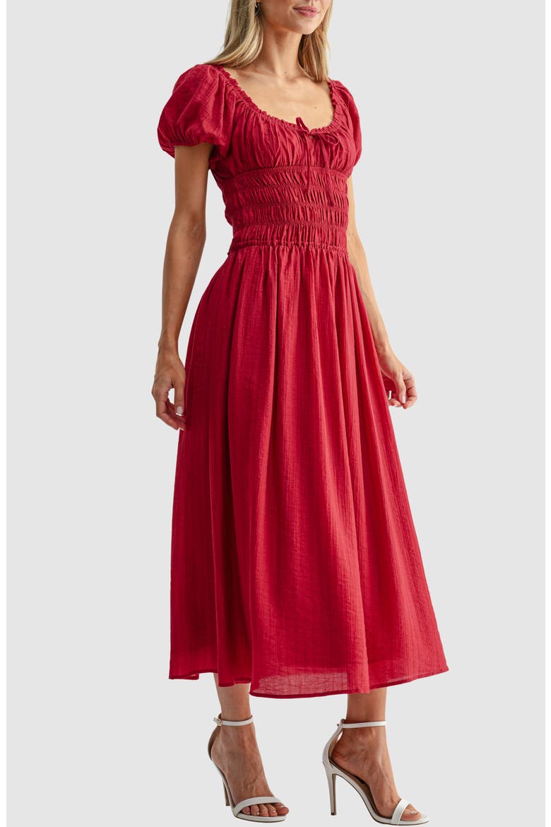 Puff Sleeve Shirred Midi Dress, Alternate, color, CHERRY RED