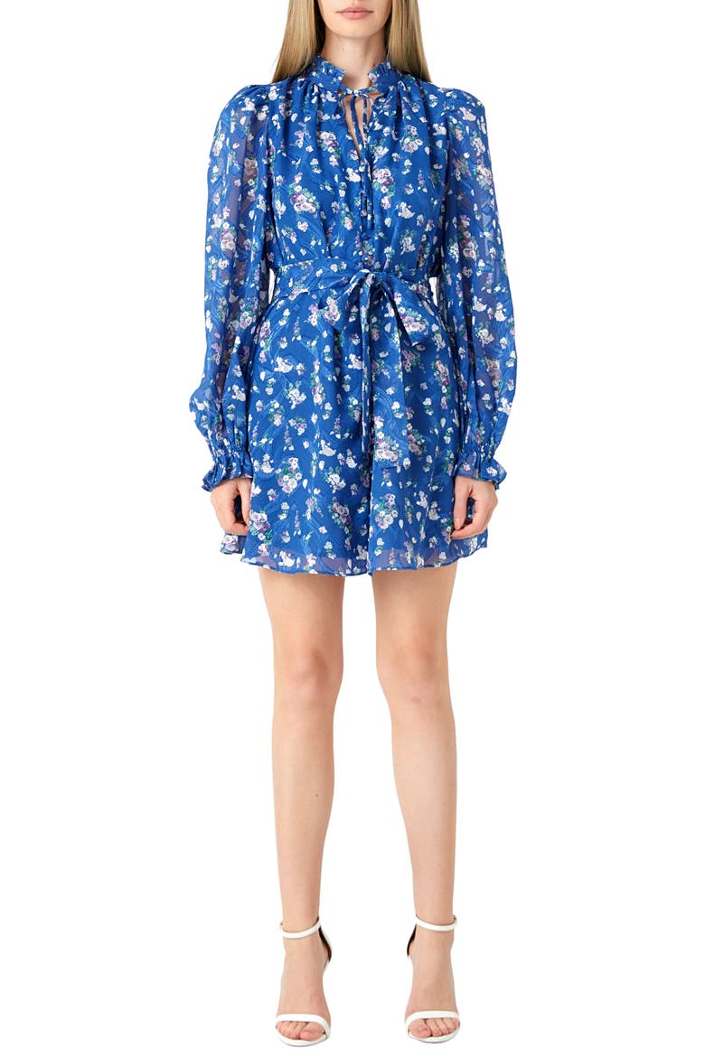 Floral Long Sleeve Chiffon Minidress, Main, color, BLUE