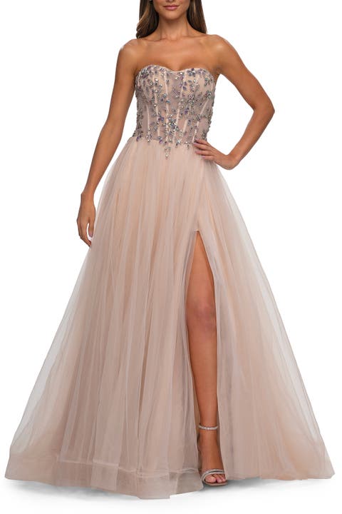 A-line Tulle Prom Dress with Stunning Floral Beaded Design