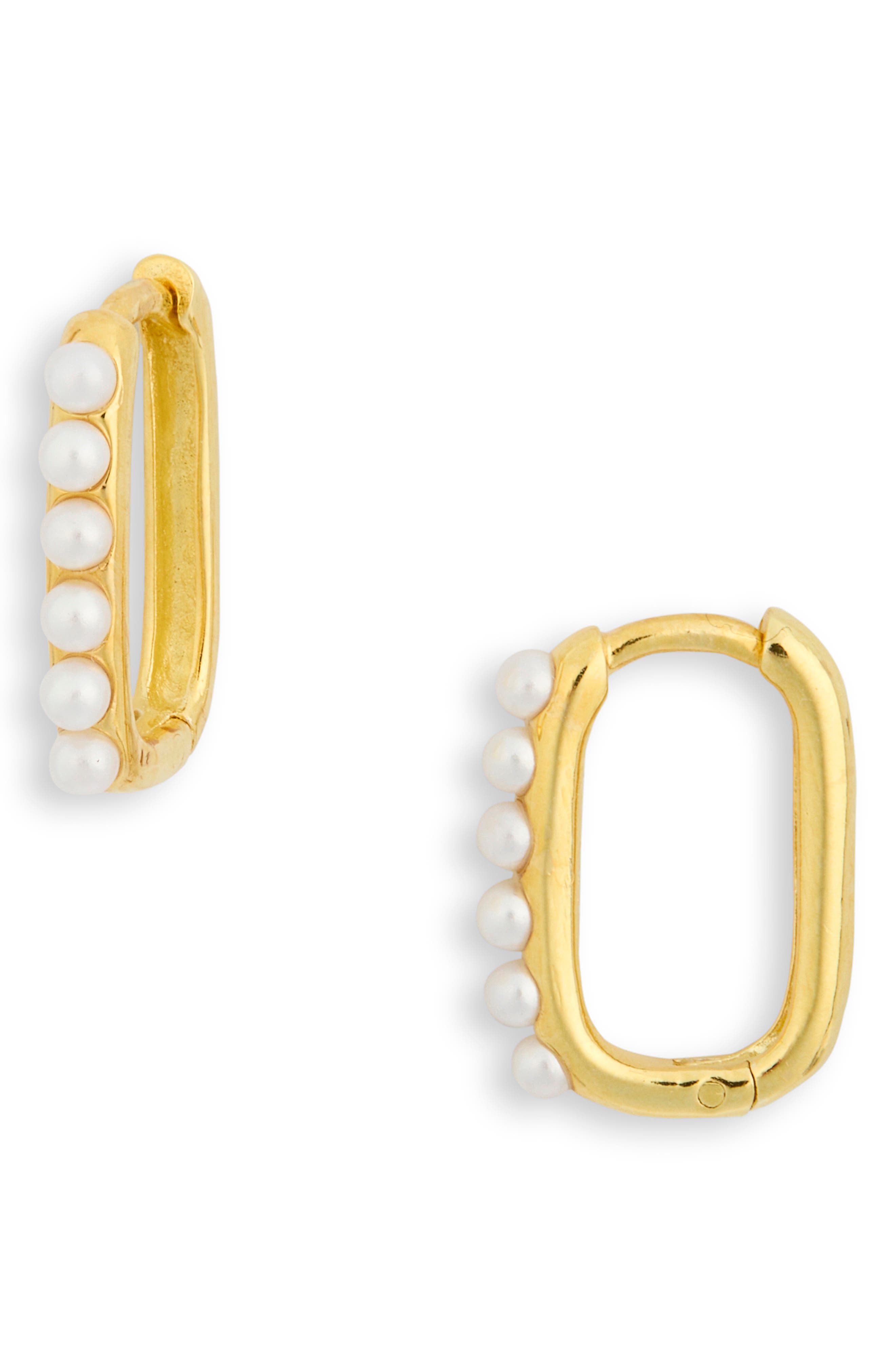 Argento Vivo Sterling Silver Imitation Pearl Square Huggie Hoop Earrings