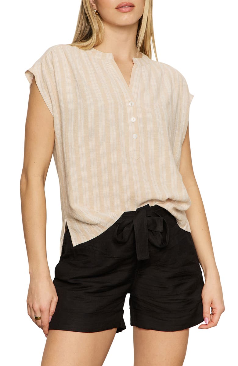 Sanctuary By The Bay Stripe Short Sleeve Linen Blend Button-Up Shirt, Main, color, Sandstone Stripe