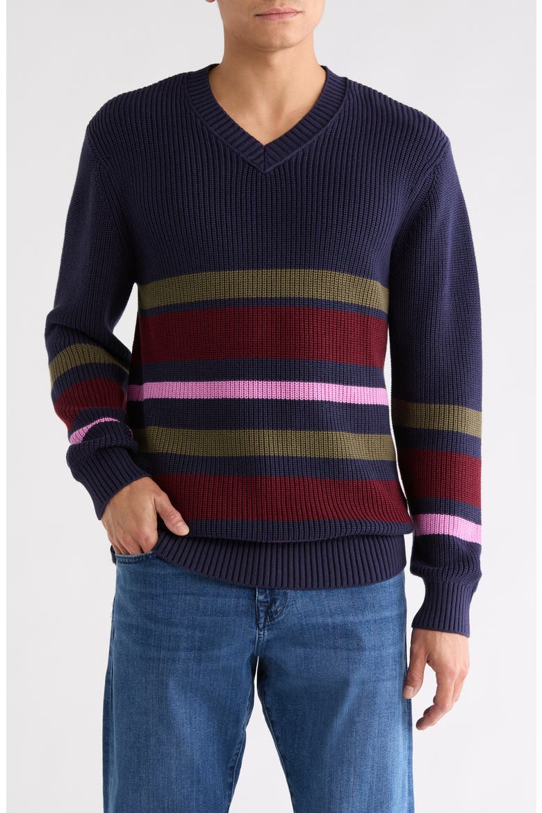 Striped Regular Fit V-Neck Sweater, Main, color, DARK GREEN