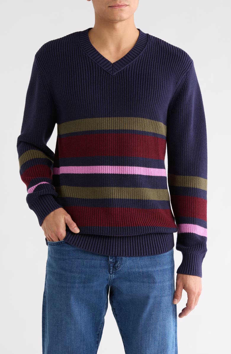 Scotch & Soda Striped Regular Fit V-Neck Sweater, Main, color, Dark Green