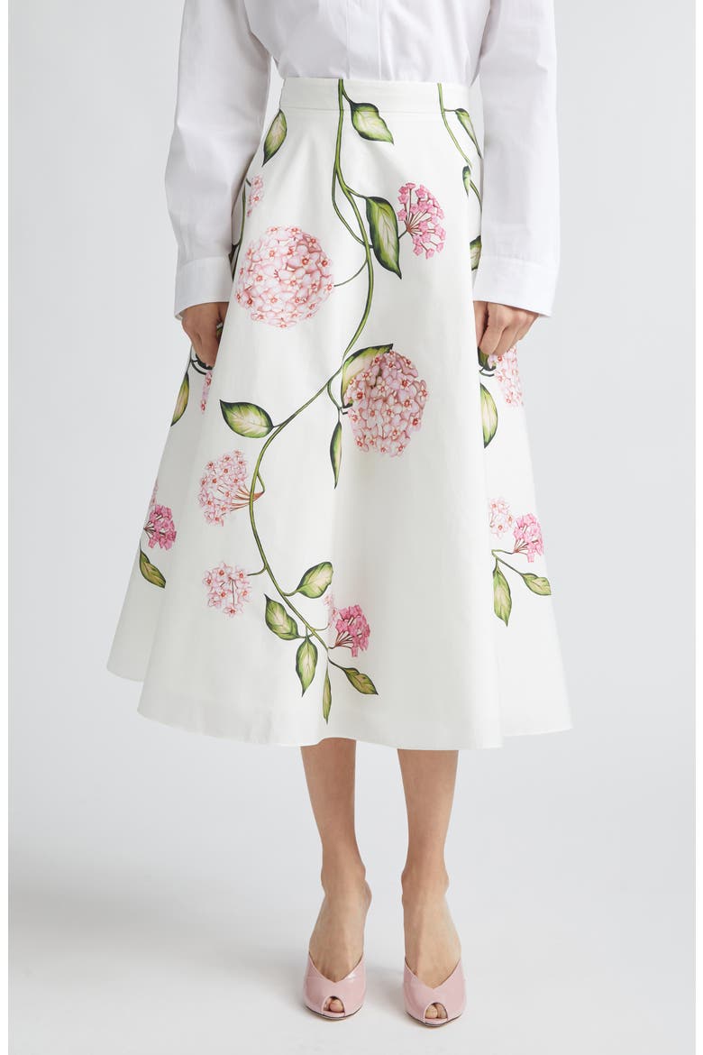 Porcelain Flowers Stretch Cotton Poplin A-Line Midi Skirt, Main, color, PINK/ WHITE