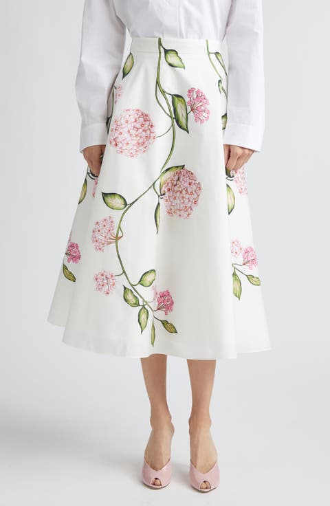 Porcelain Flowers Stretch Cotton Poplin A-Line Midi Skirt