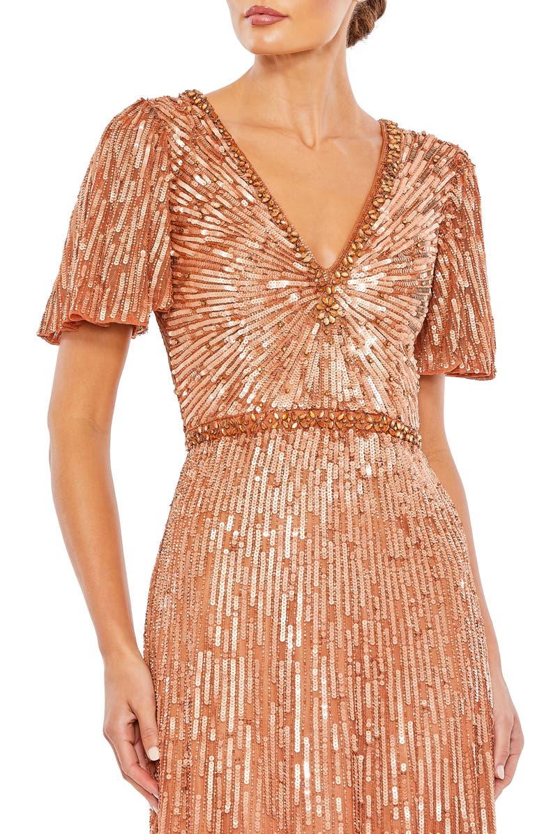 Mac Duggal Embellished V Neck Butterfly Sleeve Column Gown, Alternate, color, Copper
