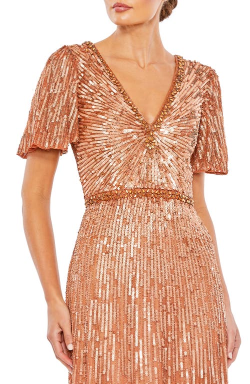 Mac Duggal Embellished V Neck Butterfly Sleeve Column Gown In Copper